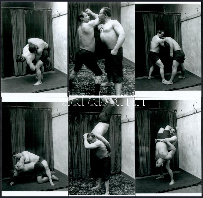 cca 1920 Birkózók edzése és lazító masszázsa, 8 db modern nagyítás, 15x10 cm