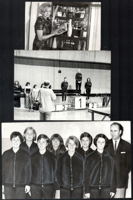cca 1972-1982 közötti felvételek, Magos Judit (1951-2018) asztaliteniszező, a sportág Európa-bajnokságainak egyik meghatározó szereplője az 1972-től 1982-ig tartó időszakban, 5 db vintage fotó, ezüst zselatinos fotópapíron, kisebb