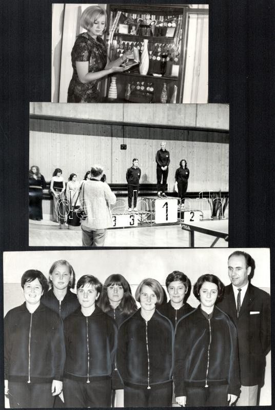 cca 1972-1982 közötti felvételek, Magos Judit (1951-2018) asztaliteniszező, a sportág Európa-bajnokságainak egyik meghatározó szereplője az 1972-től 1982-ig tartó időszakban, 5 db vintage fotó, ezüst zselatinos fotópapíron, kisebb
