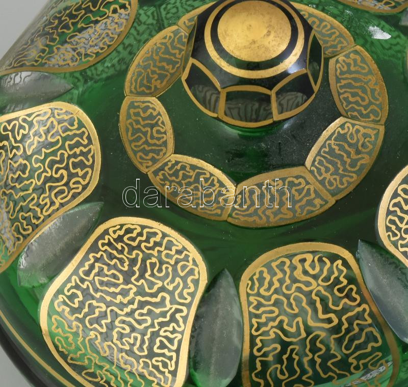 Moser jellegű zöld bonbonniere. Aranyozott, kézzel festett, kis kopással d: 14 cm - Image 2