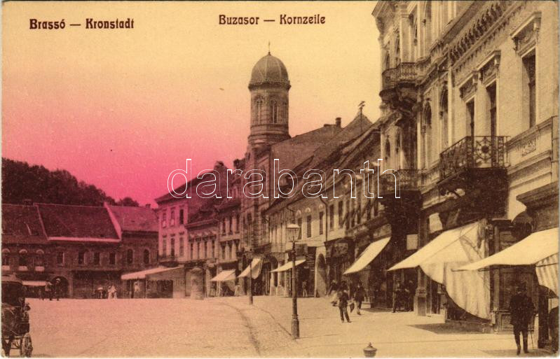 Brassó, Kronstadt, Brasov; Búzasor, üzletek / Kornzeile / street view, shops