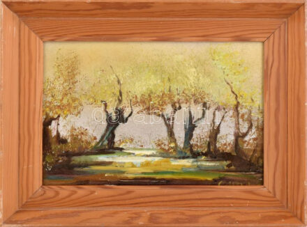 Győrffy Éva (1931-2022): Fák. Olaj, farost. Jelzett, hátoldalán autográf felirattal. Fakeretben. 20x30 cm.