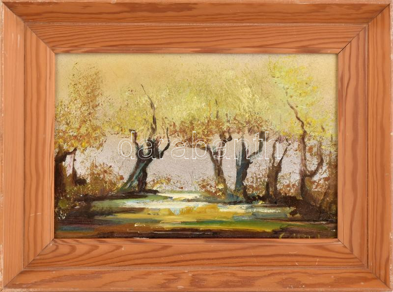 Győrffy Éva (1931-2022): Fák. Olaj, farost. Jelzett, hátoldalán autográf felirattal. Fakeretben. 20x30 cm.