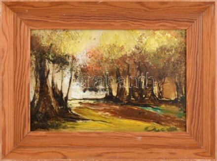 Győrffy Éva (1931-2022): Erdőrészlet. Olaj, farost. Jelzett, hátoldalán autográf felirattal. Fakeretben. 20x30 cm.