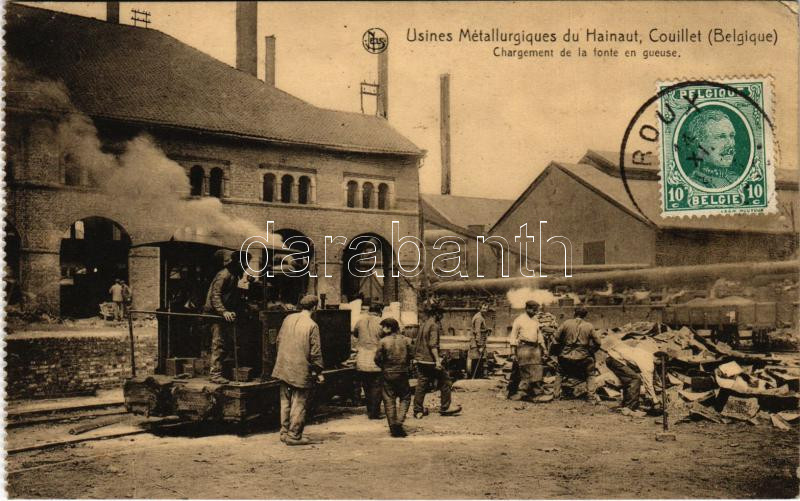 Couillet, Usines Metallurgiques du Hainaut. Chargement de la fonte en gueuse / Hainaut Metallurgical Plants. Pig iron loading, industrial railway, train (EK)