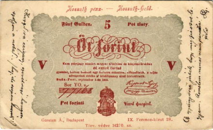 Kossuth pénz. Öt forint. Gersten Aarmin 14270. / Kossuth-Geld / Hungarian banknote (ázott sarok / wet corner)