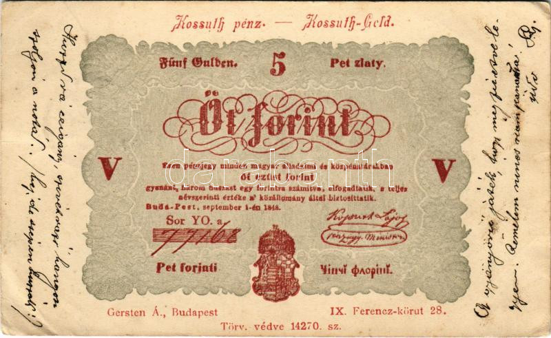 Kossuth pénz. Öt forint. Gersten Aarmin 14270. / Kossuth-Geld / Hungarian banknote (ázott sarok / wet corner)