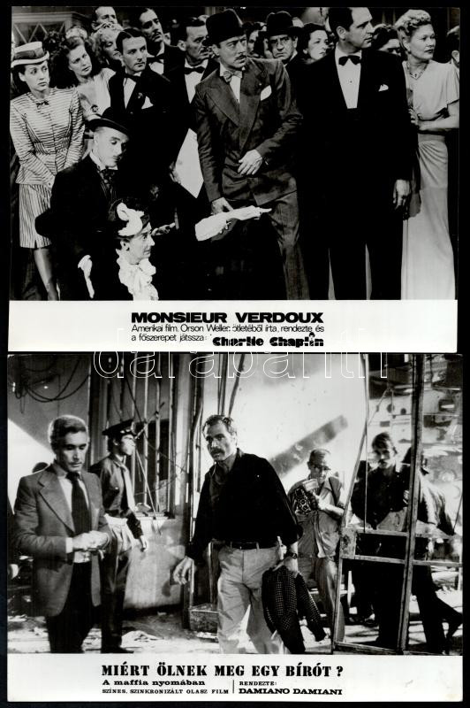 cca 1989 előtt készült külföldi filmekből egy-egy jelenet, 27 db vintage produkciós filmfotó, ezüst zselatinos fotópapíron, a használatból eredő (esetleges) kisebb hibákkal, 18x24 cm