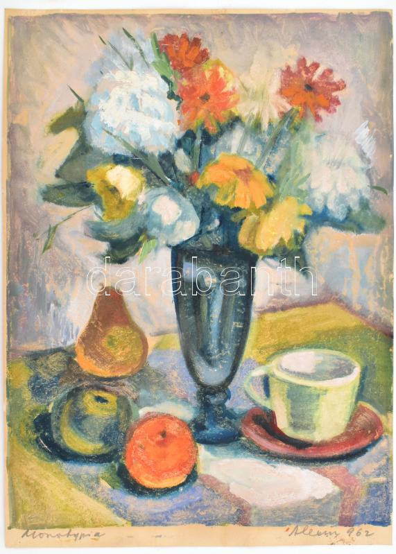 Alexin Andor (1921-2003): Csendélet, 1962. Monotípia, papír, jelzett. 39x29,5 cm