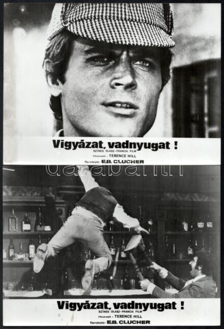 cca 1972 ,,Vigyázat, vadnyugat!' című olasz - francia film jelenetei és szereplői, 17 db vintage produkciós filmfotó, ezüst zselatinos fotópapíron, a használatból eredő (esetleges) kisebb hibákkal, 18x24 cm