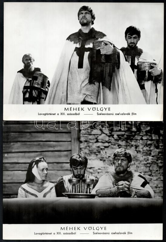 cca 1968 ,,Méhek völgye - lovagtörténet a XIII. századból' című csehszlovák film jelenetei és szereplői, 15 db vintage produkciós filmfotó, ezüst zselatinos fotópapíron, a használatból eredő (esetleges) kisebb hibákkal, 18x24 cm