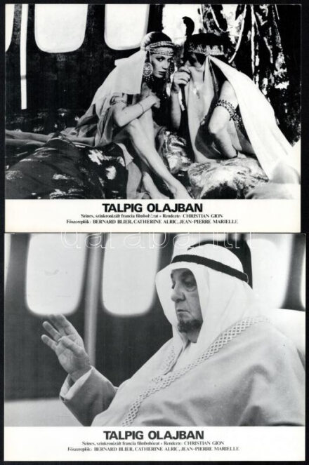 cca 1982 ,,Talpig olajban' című francia filmbohózat jelenetei és szereplői, 8 db produkciós filmfotó, nyomdatechnikával sokszorosítva, egyoldalas nyomással, 18x24 cm