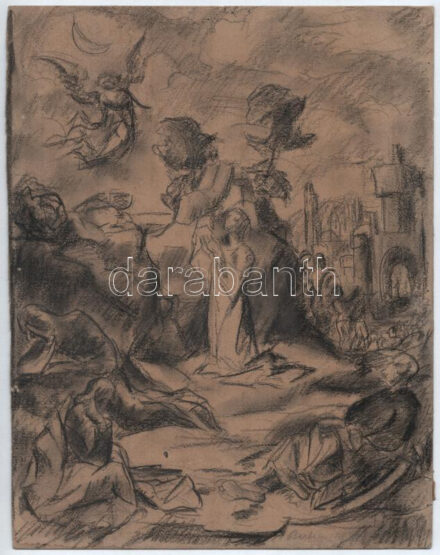 Perlrott-Csaba Vilmos (1880-1955): Jézus az Olajfák hegyén, 1922. Szén, karton, jelzés nélkül. Lap alján 'Berlin 22' felirattal. Proveniencia: Gráber Margit (1896-1993), Perlrott-Csaba Vilmos özvegyének hagyatéka. 32×25,5 cm