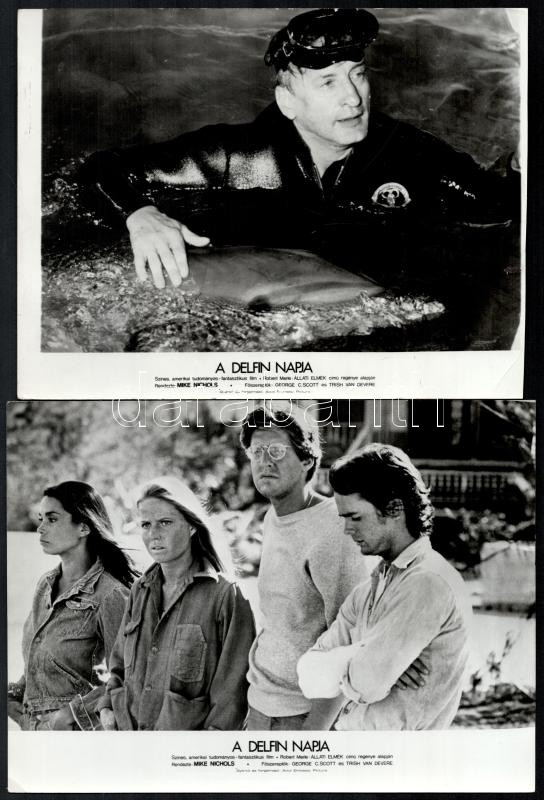 cca 1973 ,,A delfin napja' című amerikai tudományos - fantasztikus film jelenetei és szereplői, 6 db vintage produkciós filmfotó, ezüst zselatinos fotópapíron, a használatból eredő jelentősebb hibákkal, 18x24 cm