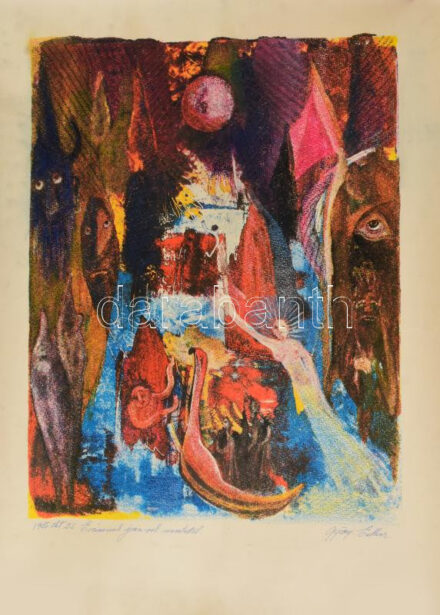 Győry Eszter (1942-): Szürrealista jelenet (cím nélkül). Nyomat, pasztell, papír. Jelzett. Autográf ajándékozási sorokkal 1982-ből. Feltekerve. 52×40 cm