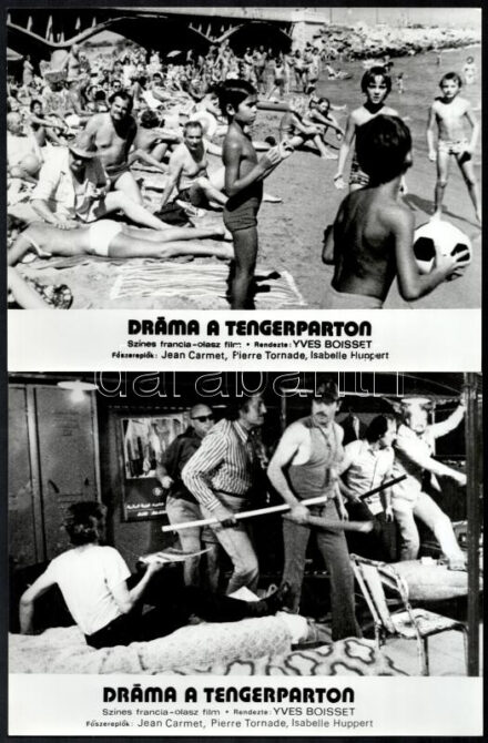 cca 1975 ,,Dráma a tengerparton' című francia - olasz film jelenetei és szereplői, 8 db vintage produkciós filmfotó, ezüst zselatinos fotópapíron, a használatból eredő (esetleges) kisebb hibákkal, 18x24 cm