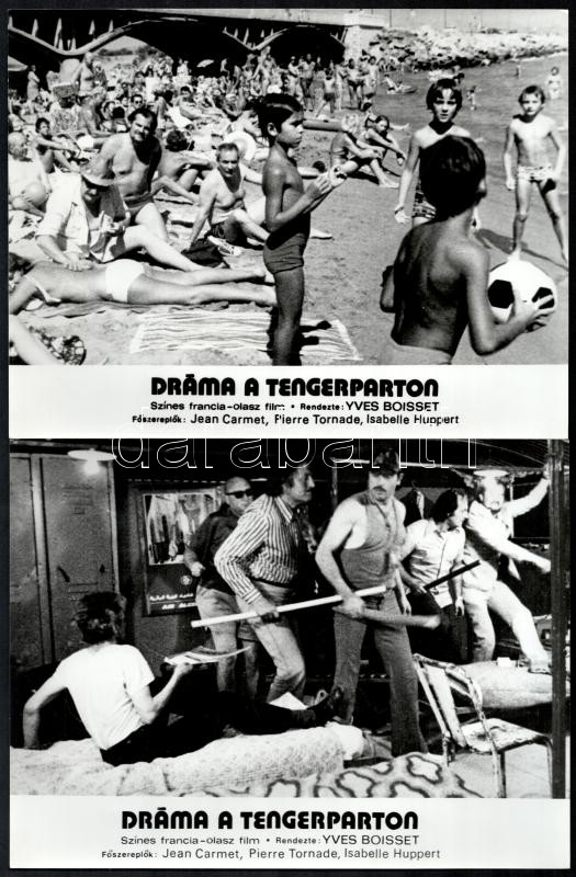cca 1975 ,,Dráma a tengerparton' című francia - olasz film jelenetei és szereplői, 8 db vintage produkciós filmfotó, ezüst zselatinos fotópapíron, a használatból eredő (esetleges) kisebb hibákkal, 18x24 cm