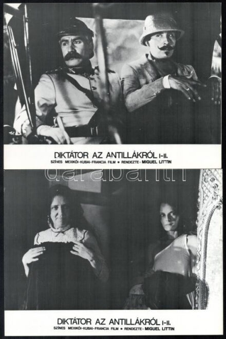 cca 1978 ,,Diktátor az Antillákról' című mexikói - kubai - francia film jelenetei és szereplői, 5 db produkciós filmfotó, nyomdatechnikával sokszorosítva, egyoldalas nyomással, 18x24 cm