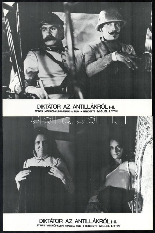 cca 1978 ,,Diktátor az Antillákról' című mexikói - kubai - francia film jelenetei és szereplői, 5 db produkciós filmfotó, nyomdatechnikával sokszorosítva, egyoldalas nyomással, 18x24 cm