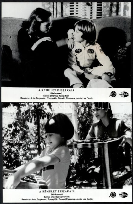 cca 1978 ,,A rémület éjszakája - Halloween' című amerikai horrorfilm jelenetei és szereplői, 4 db vintage produkciós filmfotó, ezüst zselatinos fotópapíron, a használatból eredő (esetleges) kisebb hibákkal, 18x24 cm