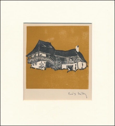 Kós Károly (1883-1977): Ház. Linómetszet, papír, utólagos jelzéssel, paszpartuban, 10×10 cm