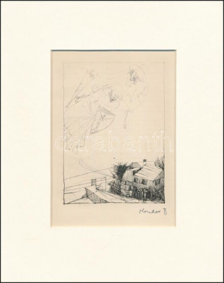 Kondor Béla (1931-1972): A város felett. Rézkarc, papír, utólagos jelzéssel, paszpartuban, 11,5×8 cm