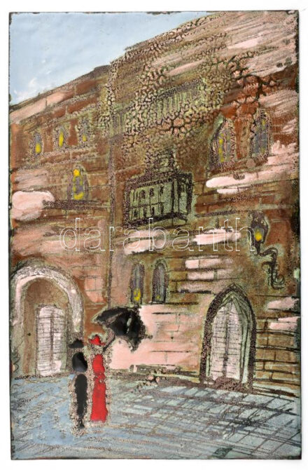 Jelzés nélkül: Sétáló hölgyek napernyővel. Tűzzománc, fémlemez, 24,5x16 cm