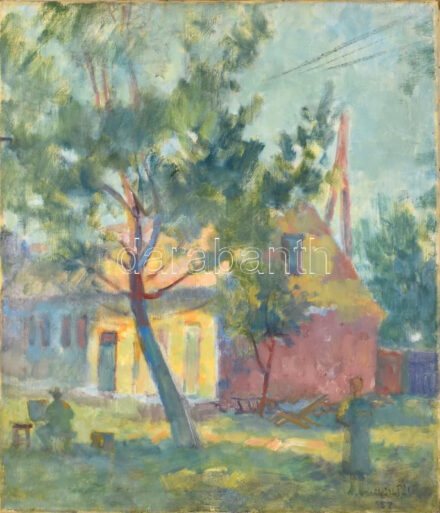 Miháltz Pál (1899-1988): Tavasszal (festő a szabadban), 1957. Olaj, vászon. Jelezve jobbra lent. Hátoldalán autográf felirattal és Képzőművészeti Alap bíráló bizottságának címkéjével. 70x60 cm / Oil on canvas. Signed lower