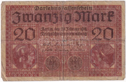 Német Birodalom 1918. 20M T:VG kis szakadás, folt German Empire 1918. 20 Mark C:VG small tear, spot Krause P#57