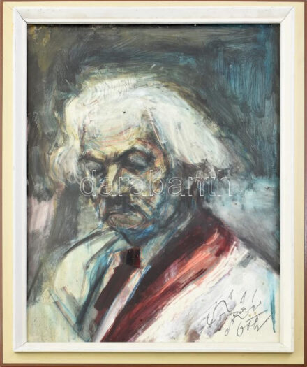 Tóvári Tóth István (1909-2004): Önarckép. Olaj, farost, jelzett, hátoldalon autográf felirattal és ajándékozási sorokkal, 70x50 cm, üvegezett fakeretben. / self portrait, oil on wood fibre, signed, with the painter's autograph