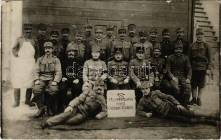 1917 Heeresbahn Nord / WWI Austro-Hungarian K.u.K. military, soldiers at the railway station. photo + 'K.u.K. Bahnhofkommando Iwangorod' (kis szakadás / small tear)