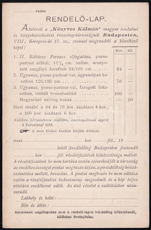 cca 1920-1930 Rendelőlap a II. Rákóczi Ferenc elfogatása című képhez, 14×9 cm