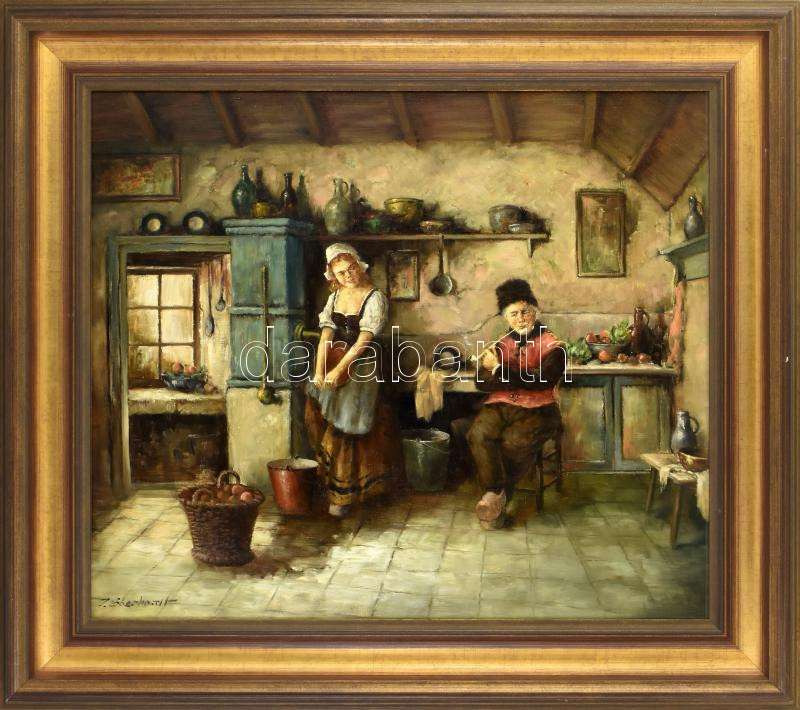 J. Eberhardt jelzéssel: Menyecske a konyhában. Olaj, vászon. 60x70 cm, dekoratív fakeretben.