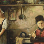 J. Eberhardt jelzéssel: Menyecske a konyhában. Olaj, vászon. 60x70 cm, dekoratív fakeretben. - Image 2