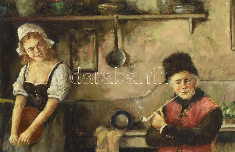J. Eberhardt jelzéssel: Menyecske a konyhában. Olaj, vászon. 60x70 cm, dekoratív fakeretben. - Image 2