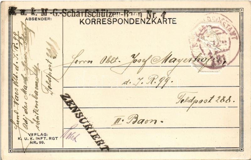 1918 Das Inft. Rgt. Nr. 99. für die Invaliden, Witwen und Waisen und für den 99er Denkmalfonds / WWI Austro-Hungarian K.u.K. military field postcard with Emb. silver badge + 'K.u.K. M.-G.-Scharfschützen-Baon Nr. 4.' - Image 2