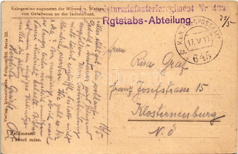 Feldmesse. Reingewinn zugunsten der Witwen u. Waisen von Gefallenen an der Isonzofront. Verlag Isonzofonds. Feldpost 515. Serie III. / Tábori mise / WWI Austro-Hungarian K.u.K. military, field mass. R. Balogh phot. 1917. (EK) - Image 2