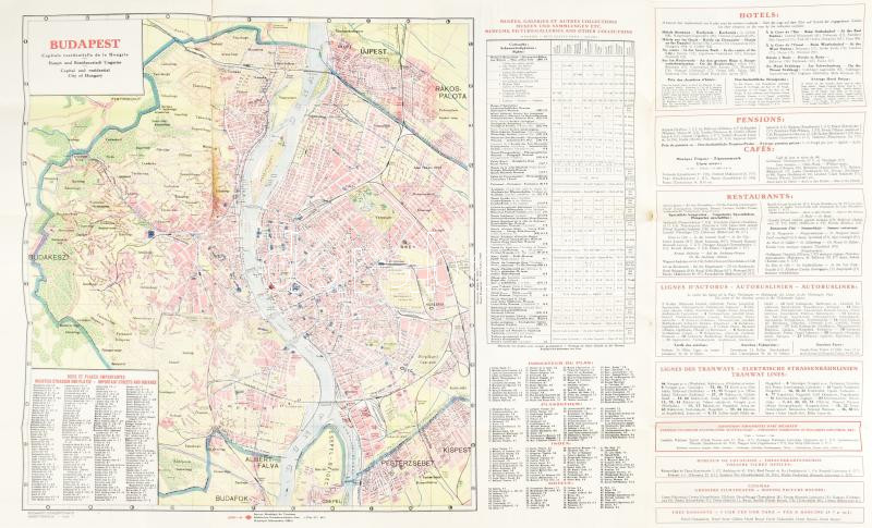 1930 Budapest Plan et Guide, Plan und Führer, Map and Guide, francia, angol és német nyelvű idegenforgalmi prospektus, Budapest térképpel, szakadt, javított, 45x41 cm