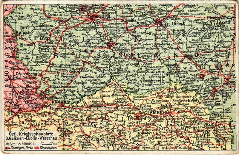 1916 Östl. Kriegsschauplatz 3. Galizien-Lublin-Warschau. Postkarten des östlichen Kriegsschauplatzes Nr. 3. / Első világháborús keleti hadszíntér: Galícia-Lublin-Varsó / WWI military map, Eastern theater of war: Galicia-Lublin-Warsaw (EK)