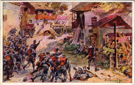 Kühner Sturmangriff eines Zuges des 27. Infanterieregimentes auf ein von einer stark überlegenen russischen Abteilung besetztes Dorf. Aus dem goldenen Buche der Armee Serie I. / WWI Austro-Hungarian K.u.K. military art postcard. Offizielle Karte