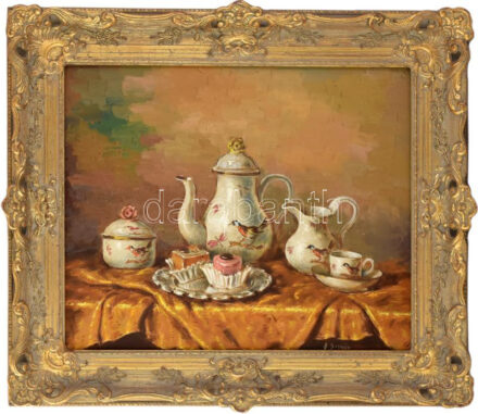 Olvashatatlan jelzéssel: Csendélet porcelánokkal. Olaj, vászon. Dekoratív fakeretben. 50,5x61 cm