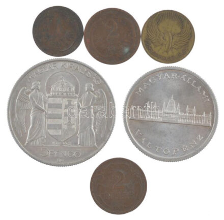 1896. 2f bronz + 1900. 1f bronz + 1943. 5P Al + 1945. 5P Al + 1939. 2f bronz + 1933. 'BSZKRT / Kis szakaszjegy' Cu zseton T:AU-VF patina