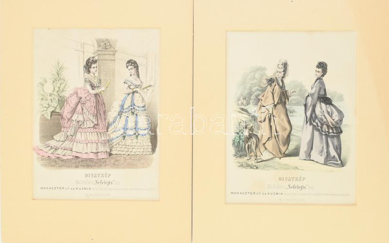 cca 1870 Pest, divatkép, 2 db, melléklet a 'Nefelejst'-hez, paszpartuban, 26×20 cm