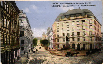 1916 Lviv, Lwów, Lemberg; Ulica Mickiewicza i pomnik Smolki / Mickiewicz-Gasse u. Smolki-Monument / street view, monument (EK)