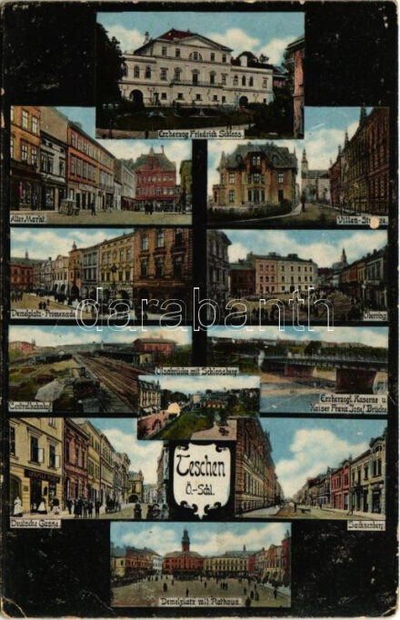 Cieszyn, Teschen; Erzherzog Friedrich Schloss, Alter Markt, Villen-Strasse, Demelplatz, Oberring, Central-Bahnhof, Erzherzogl. Kaserne u. Kaiser Franz Josef Brücke, Deutsche Gasse, Sachsenberg, Rathaus, Olsabrücke mit Schlossberg / castle, old