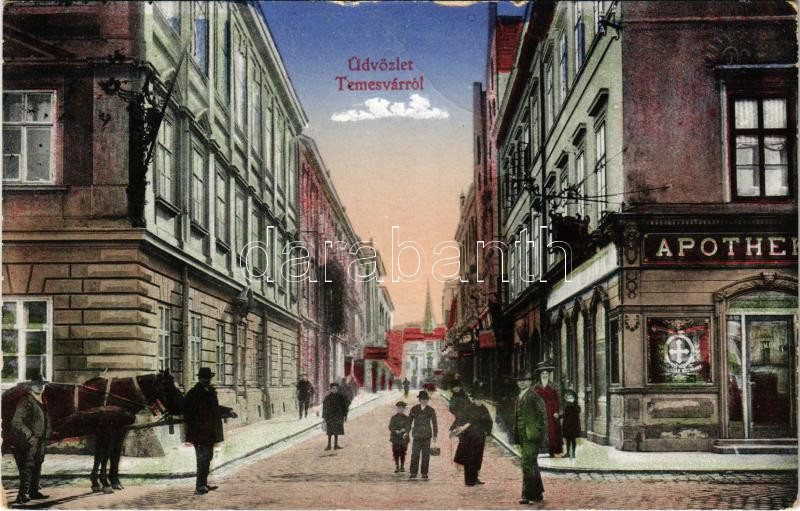 1915 Temesvár, Timisoara; Apotheke / utca, gyógyszertár / street view, pharmacy + 'K.u.K. Spitalszug No. 3.' (fa)