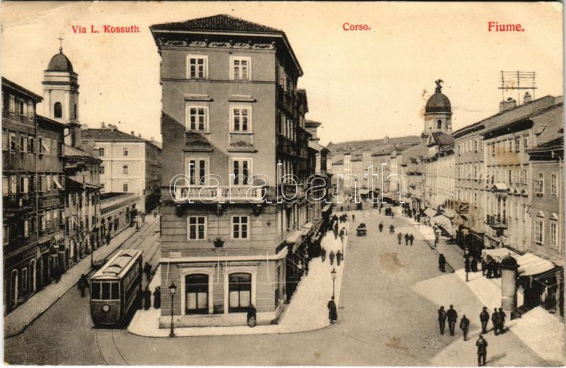 1916 Fiume, Rijeka; Via L. Kossuth, Corso / street view, tram (EK)