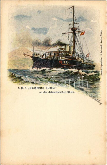 SMS Kronprinz Rudolf an der dalmatischen Küste / SMS Kronprinz Erzherzog Rudolf az Osztrák-Magyar Haditengerészet Kronprinz-osztályú pre-dreadnought csatahajója (Linienschiffe) a dalmát partoknál / K.u.K. Kriegsmarine. SMS Kronprinz