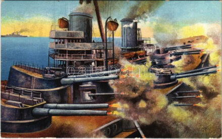 Dreadnought im Kampfgefecht. K.u.K. Kriegsmarine / Dreadnought in piena battaglia / Austro-Hungarian Navy art postcard, dreadnought in battle. G. Costalunga, Pola 1912. (EK)