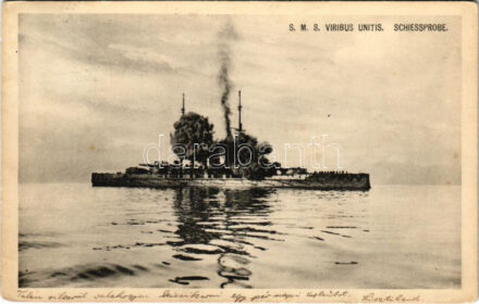 1913 SMS Viribus Unitis az Osztrák-Magyar Haditengerészet Tegetthoff-osztályú csatahajója lőpróbán / SMS Viribus Unitis Schiessprobe, K.u.K. Kriegsmarine / Austro-Hungarian Navy Tegetthoff-class battleship SMS Viribus Unitis on shooting